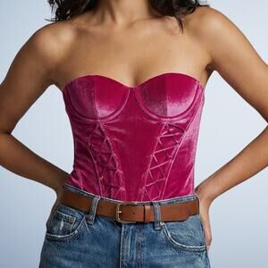 Savage X Fenty Magenta Velvet Vixen Lace-Up Corset Bustier Top Size Large